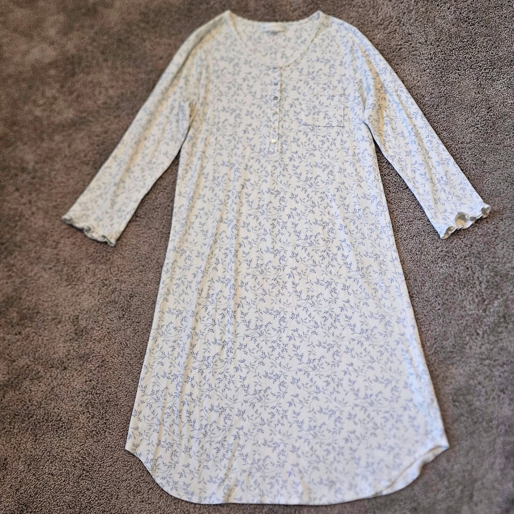 Eileen West Nightgown Size M Blue Cream Floral Lace Sleep Dress Grandmacore